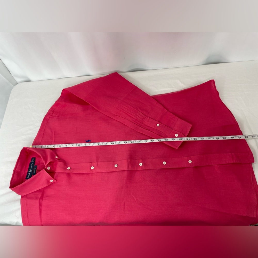 Ralph Lauren Custom Fit 100% Linen Pink Button Down Shirt XL Blue Pony - Picture 6 of 11